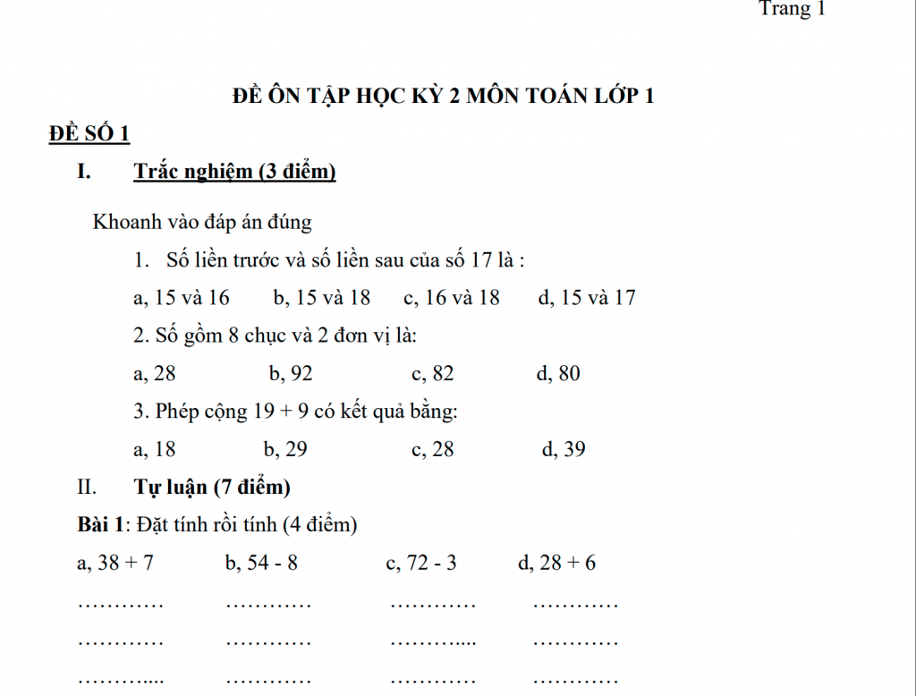 Bài tập toán lớp 1 học kỳ 2