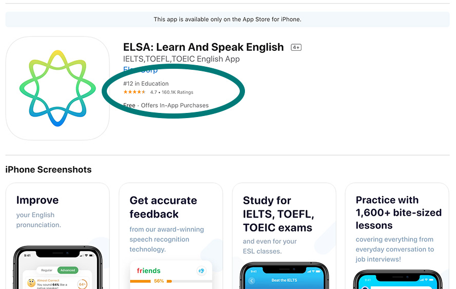 Phần mềm Elsa Speak trên app store (chợ ứng dụng của Apple)